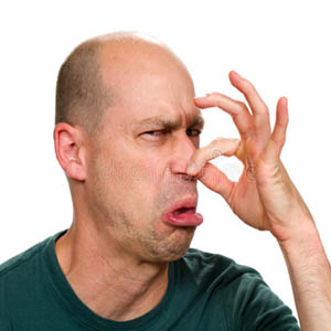 A man holds his nose to prevent smelling the B.S.