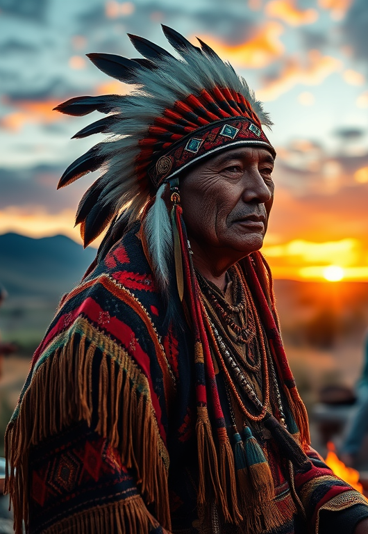 An older Native American at sunset.