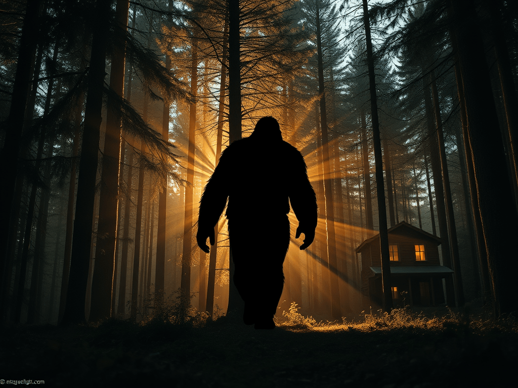 An image depicting a Bigfoot or Sasquatch creature walking in the woods.