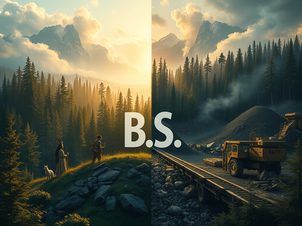 An image depicting the contrasting attitudes toward nature of reverence and viewing it as a commodity to be exploited.