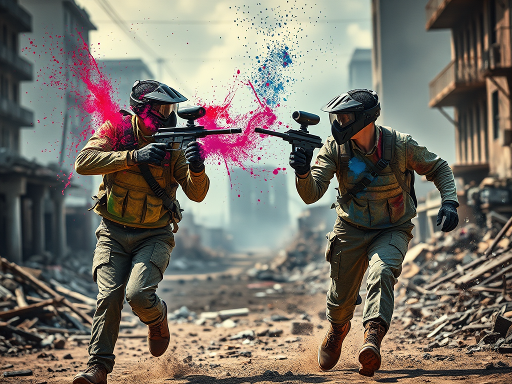 A depiction of two paint ball players firing at each other. 