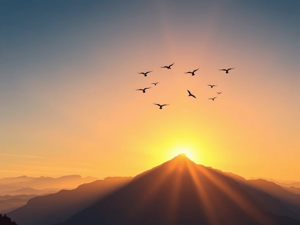 An image depicting a peaceful and serene sunset over a mountain.