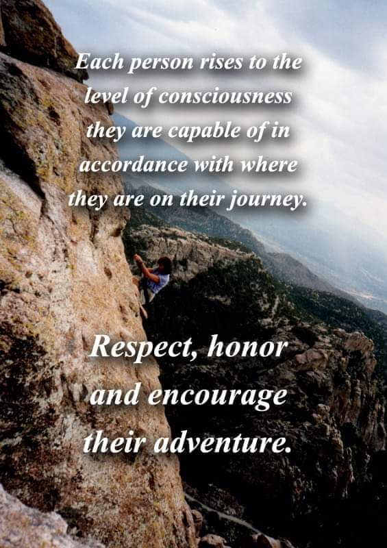 A meme that proclaims: "Each person rises to the level of consciousness they are capable of in accordance with where they are on their journey; respect, honor and encourage their adventure!"