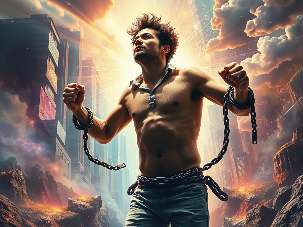 An image depicting a slave breaking free from his chains.