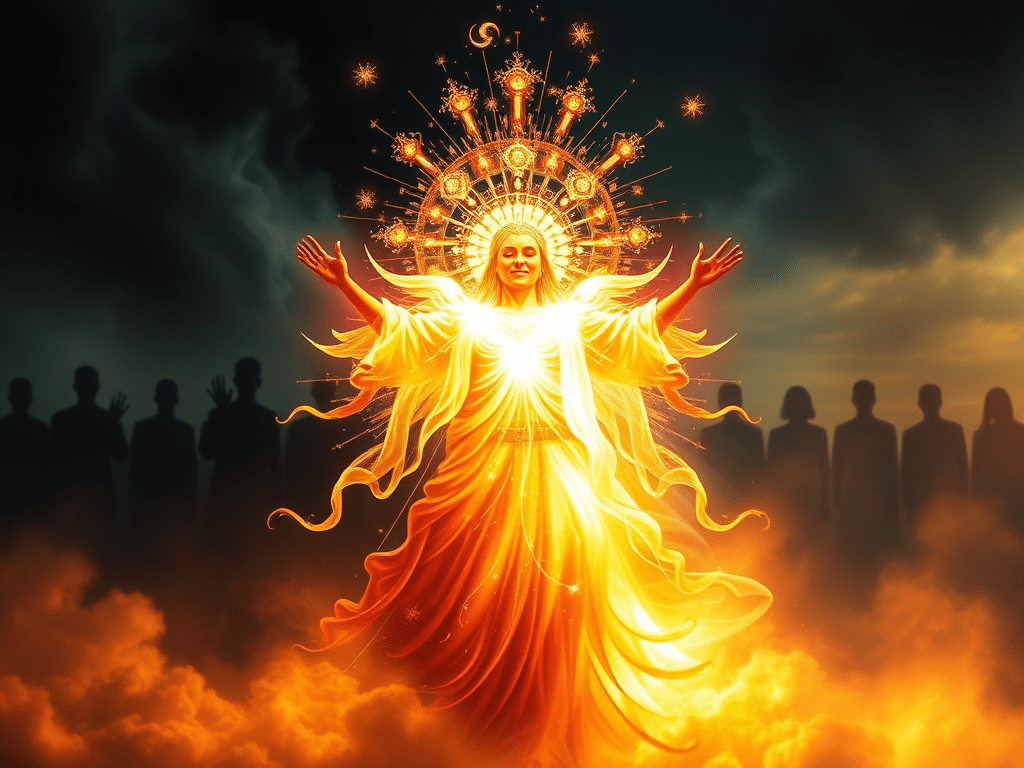 A image depicting a Starseed vanquishing low vibration limitations and heroically defying The Controllers.