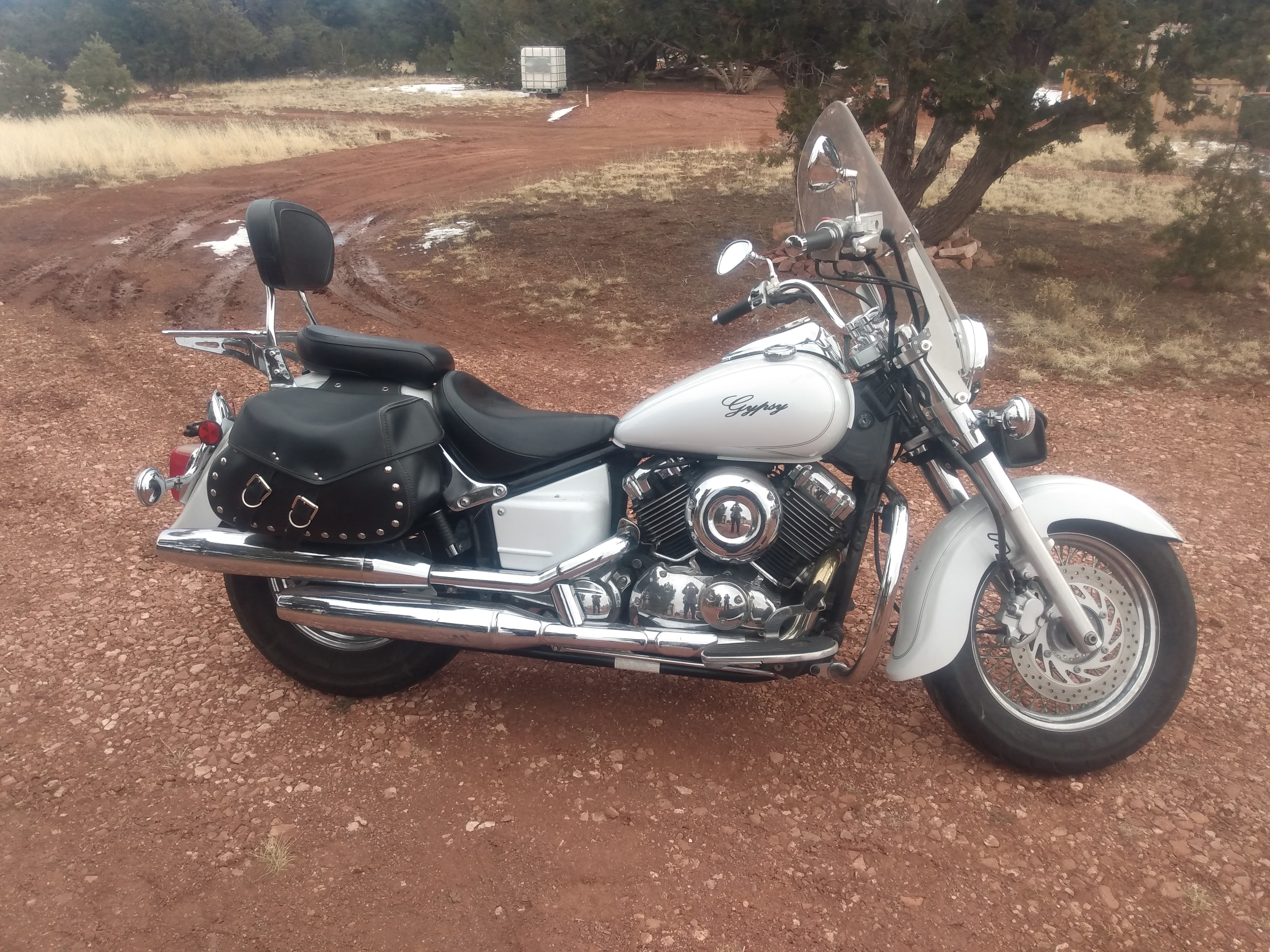 A Yamaha V-star Motorcycle ready for touring.