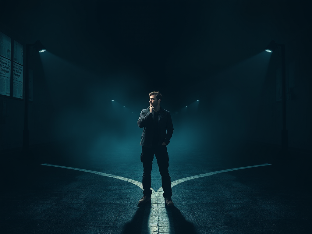 An image of a person standing at the divergence of two pathways.