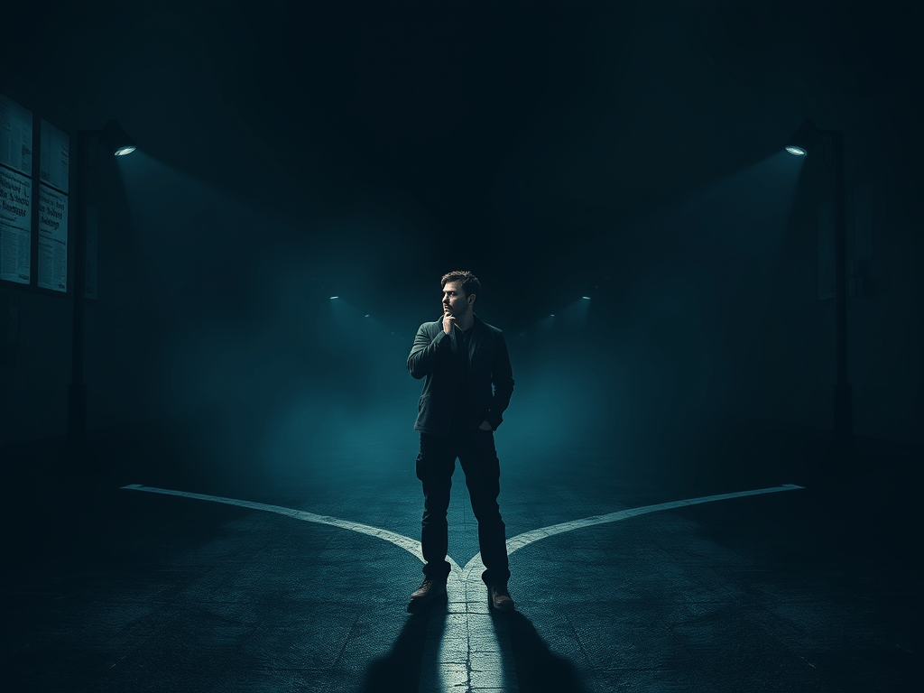 An image of a person standing at the divergence of two pathways.