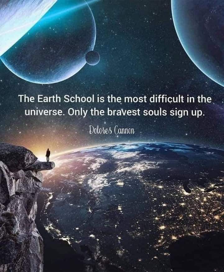 A meme quoting Dolores Cannon: "The Earth School is the most difficult in the universe. Only the bravest souls sign up."