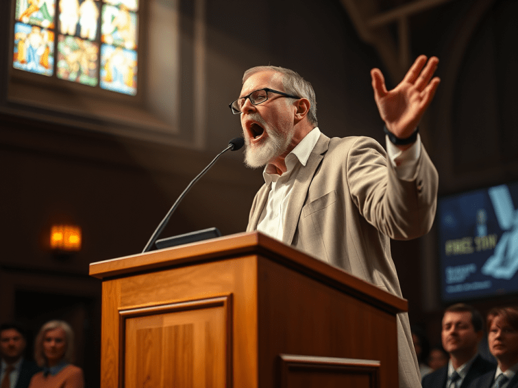 A preacher in a pulpit berates his congregation for their sins. 