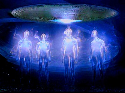 An image depicting a UFO and extraterrestrial beings. 