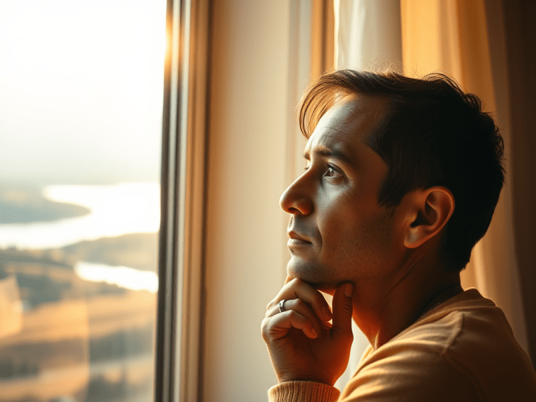 A man in a contemplative pose looking out a window. 