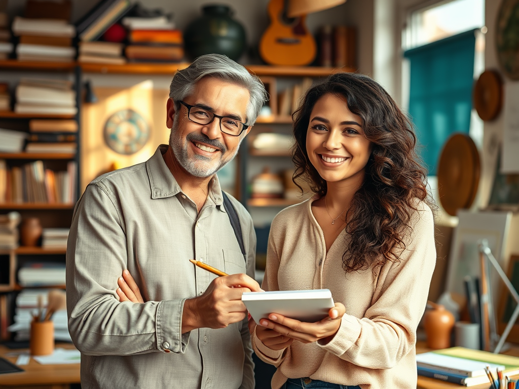 An image depicting an elder craftsman encouraging a young protege.