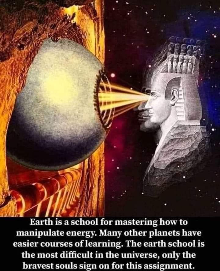 A meme that declares: "Earth is a school for mastering how to manipulate energy. Many other planets have easier courses of learning. The Earth school is the most difficult in the universe, only the bravest souls sign on for this assignment."
