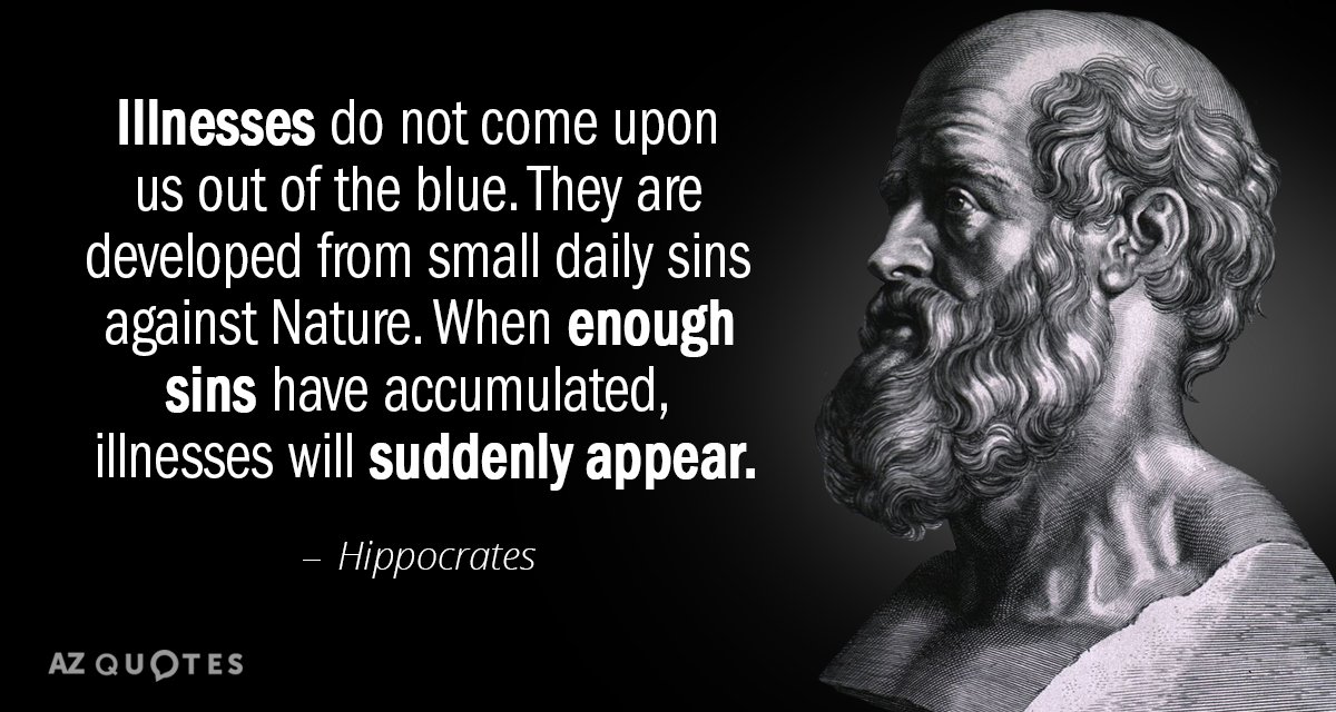 A quote from Hippocrates: "Illnesses do not come upon us out of the blue. They are developed from small daily sins against nature. When enough sins have accumulated, illness will suddenly appear."
