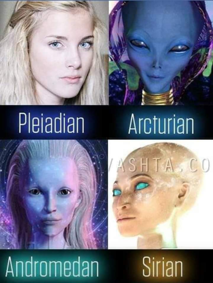 An illustration depicting Pleiadian, Arcturian, Andromedan and Sirian extraterrestrials. 