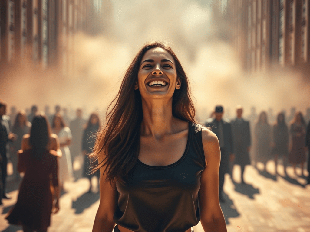 A joyful woman stands apart from a shadowy crowd.