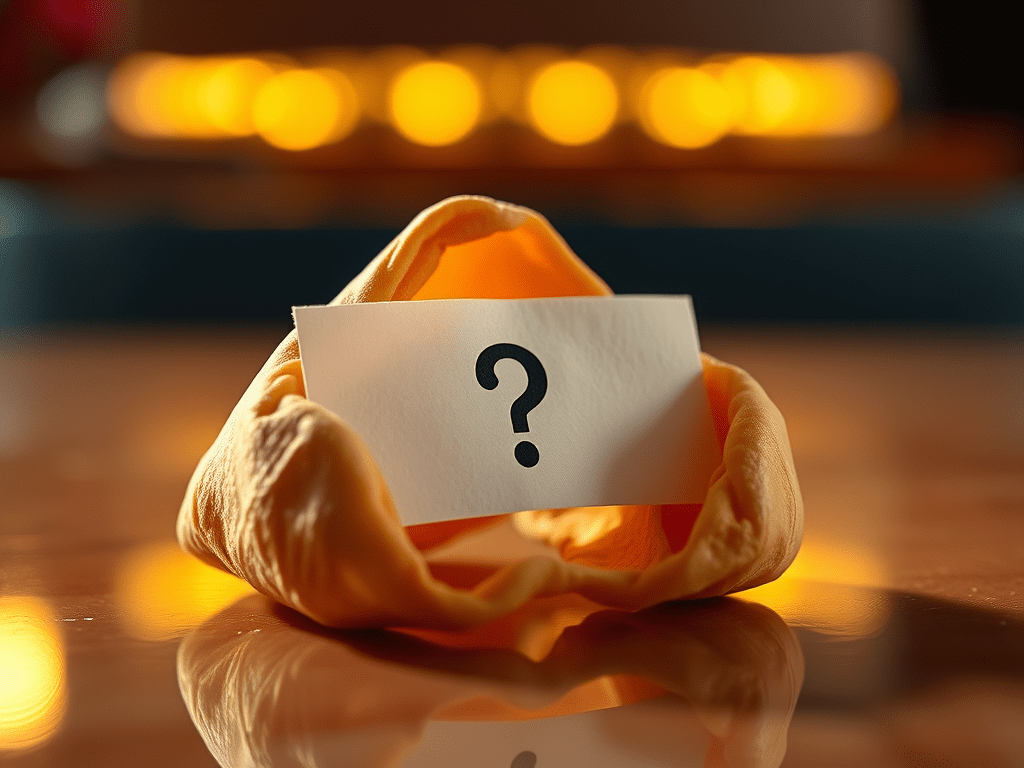 A fortune cookie with a question mark where the fortune should be.