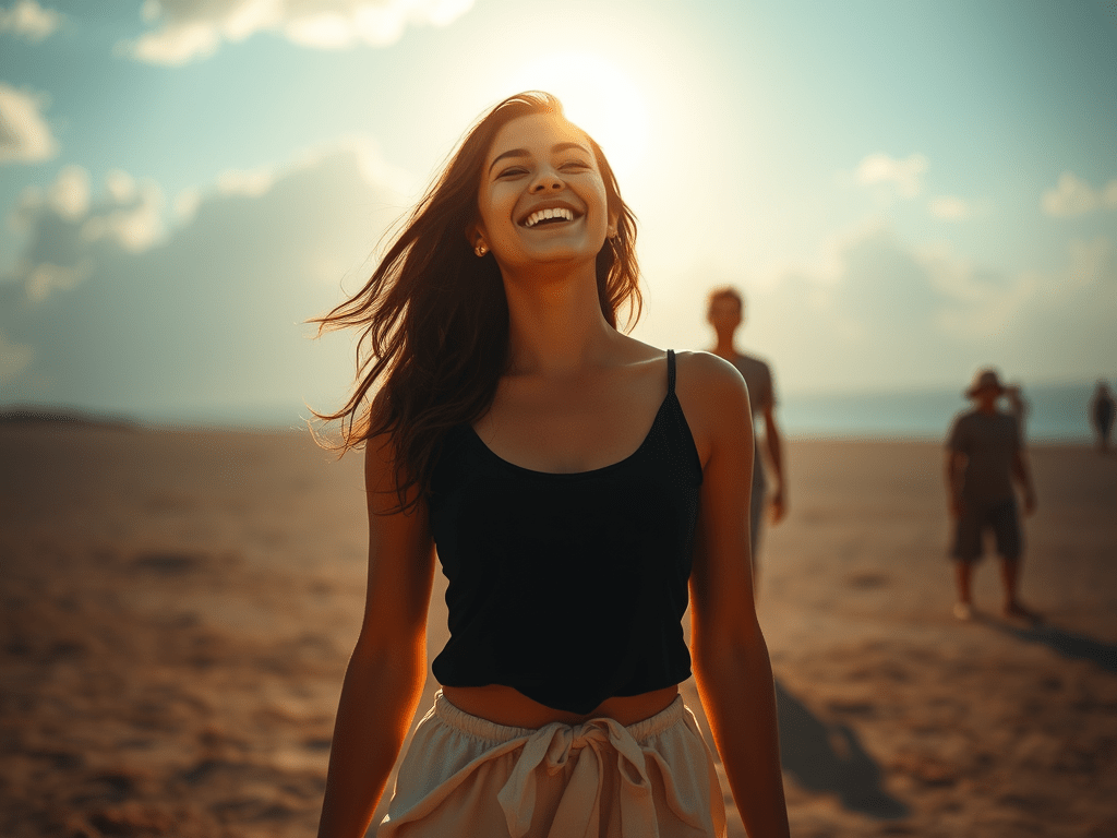 An image that portrays a young woman who is grateful and happy.