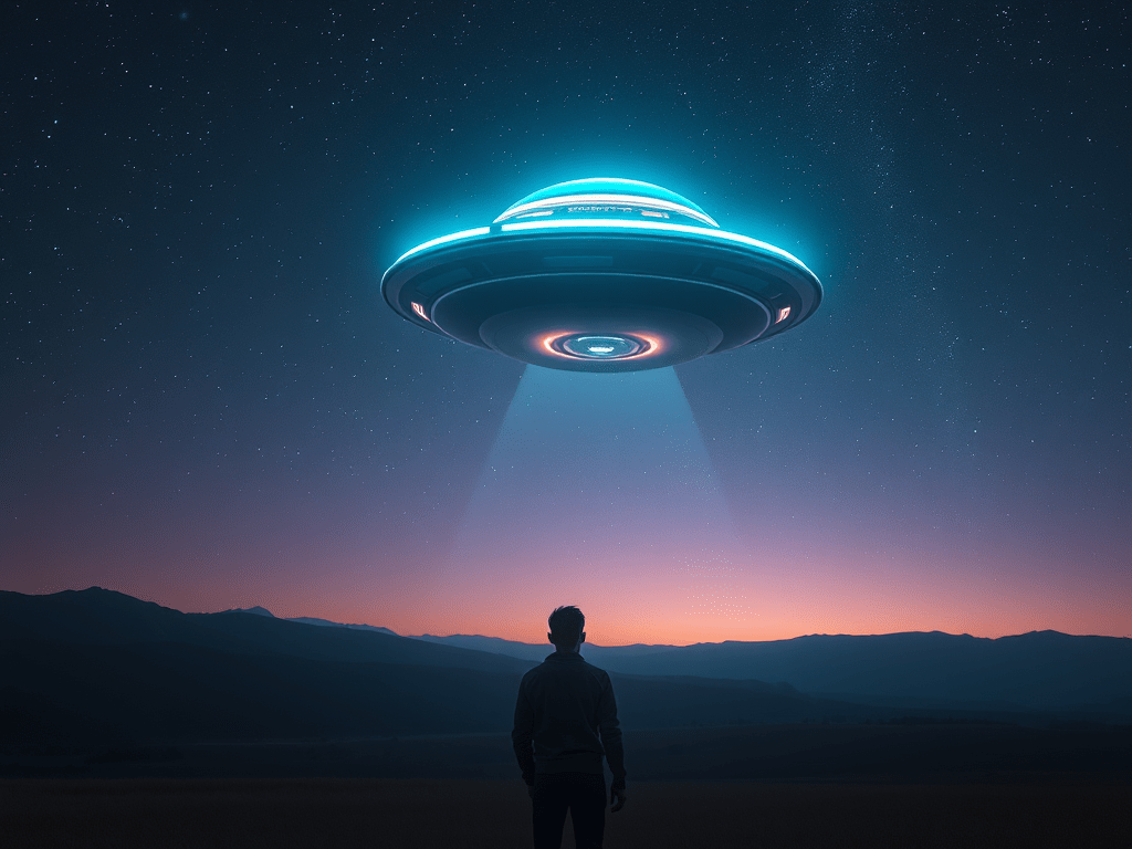 A glowing saucer shaped UFO hovers over a person at night.