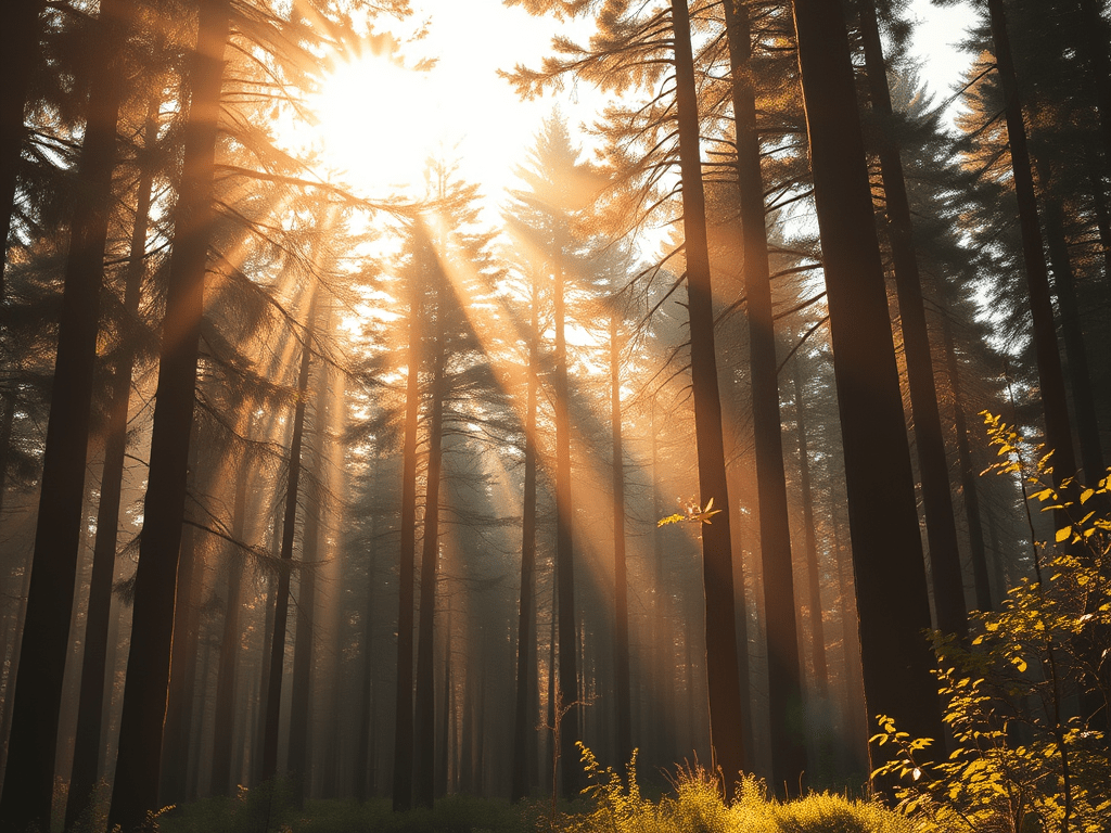 An image of sunlight filtering down in rays through a forest of trees.