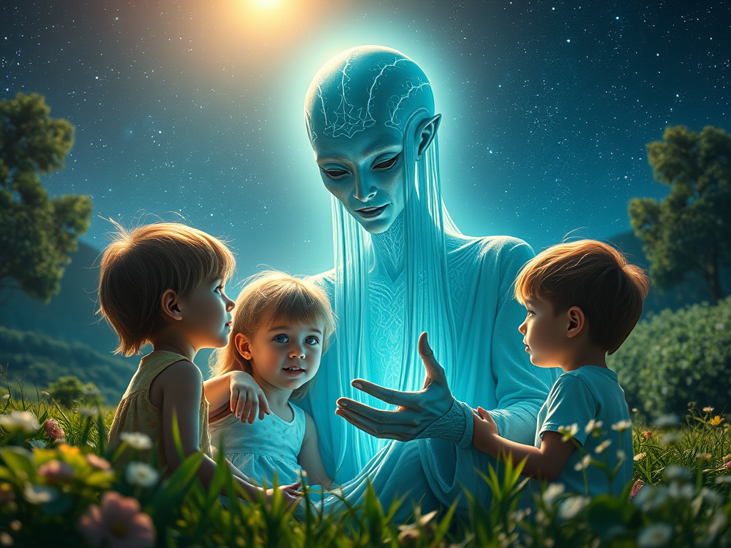 An image depicting a benevolent extraterrestrial teaching children.