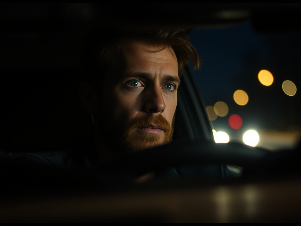 The face of a man driving his car at night. 