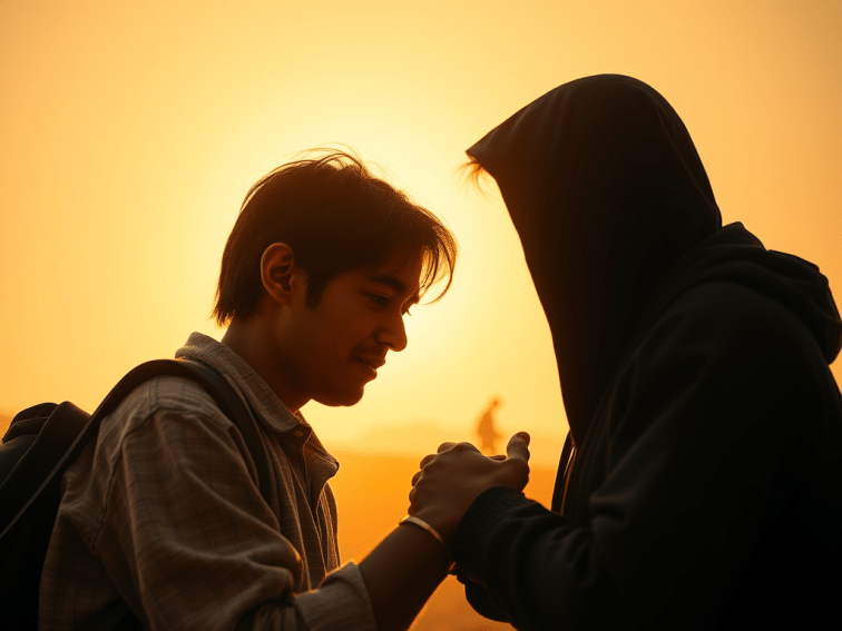 An image depicting a person confronting their shadow self. 