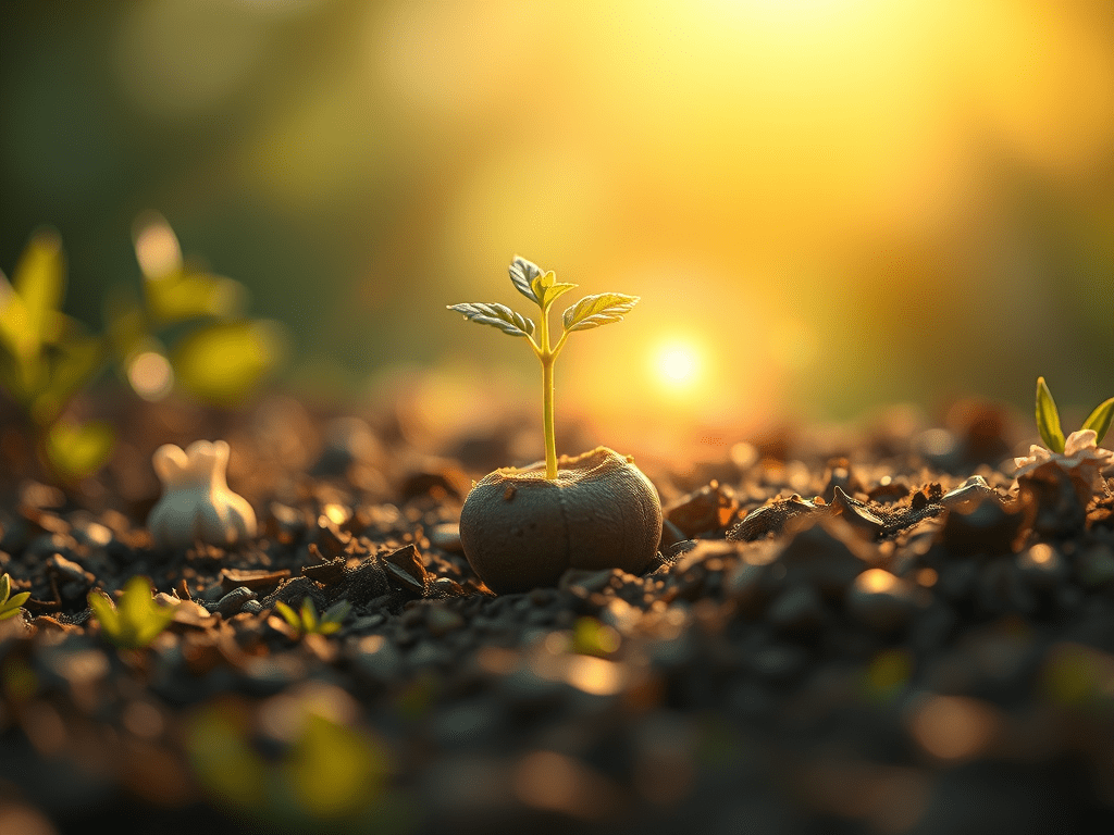A seedling emerges from the ground bathed in a golden light.
