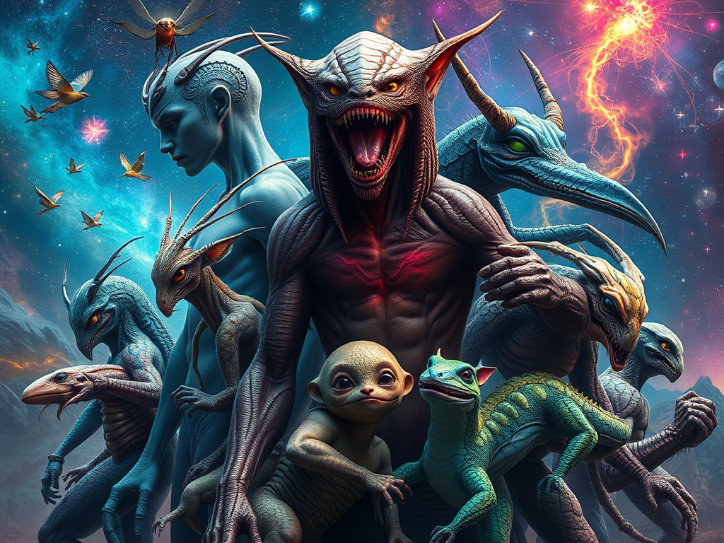 A depiction of a menagerie of Extraterrestrial Life Forms. 
