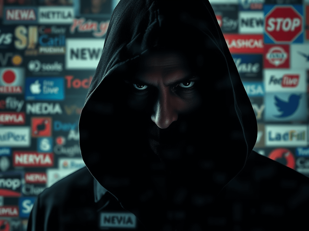 A shadowy figure stands before a wall of News Agency logos. An image to illustrate the concept of "The Controllers."