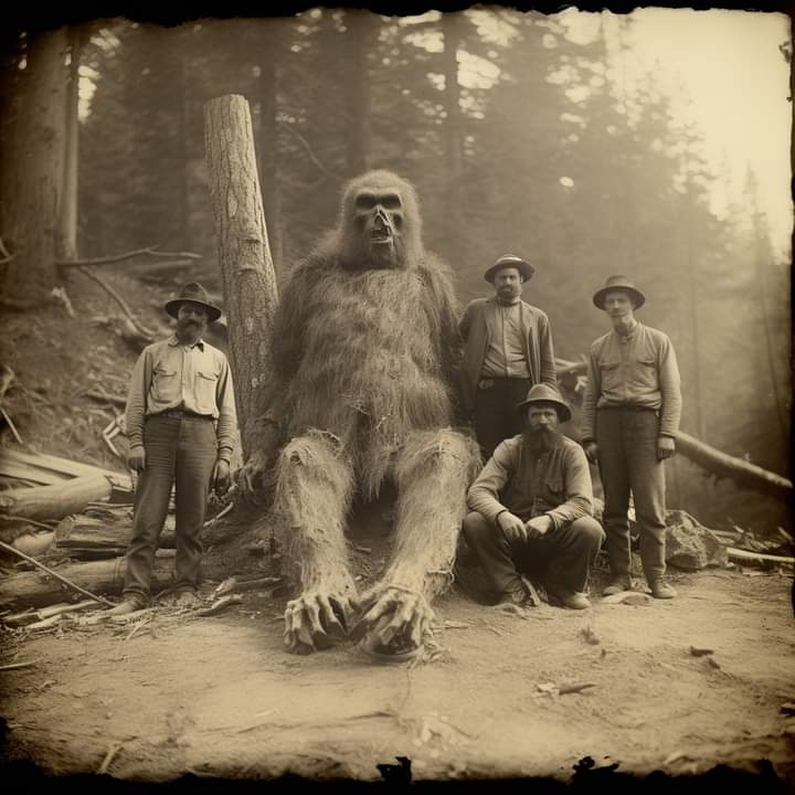 Gold mining crew in British Columbia with deceased Bigfoot circa 1920.