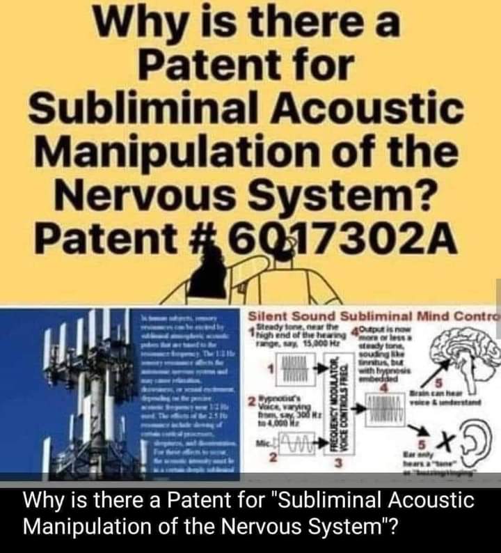 A meme which asks the question: "Why is there a patent for subliminal acoustic manipulation of the nervous system? Patent # 6017302A"