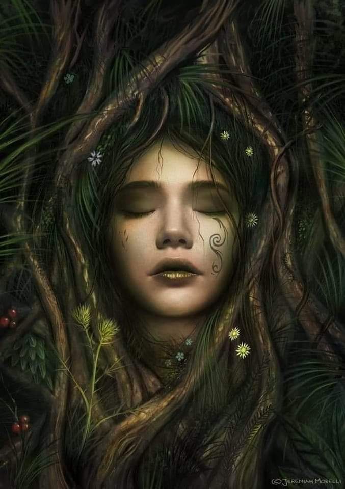 An image depicting a dreaming young lady enveloped in a biological material cocoon. 