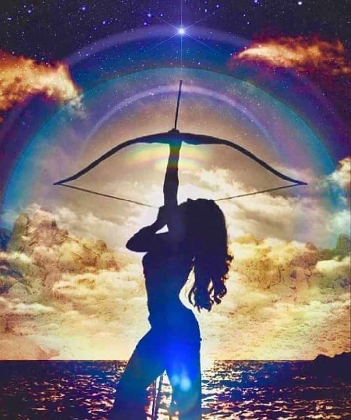 An image depicting a young woman at sunset shooting an arrow at a star.