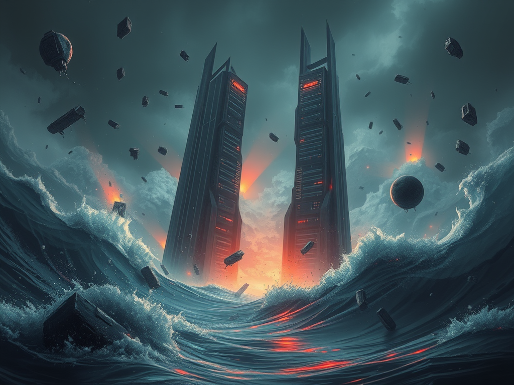 An ancient world devastated by raging flood waters.