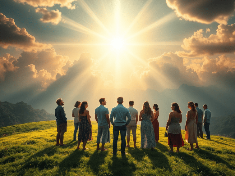 A group of people stand on a hilltop and watch a glorious sunset.
