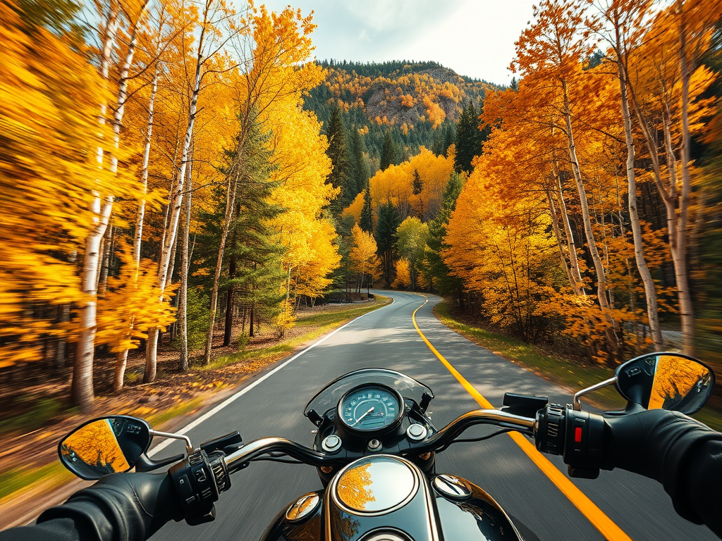 A motorcyclist's point of view on a narrow forest road in autumn.