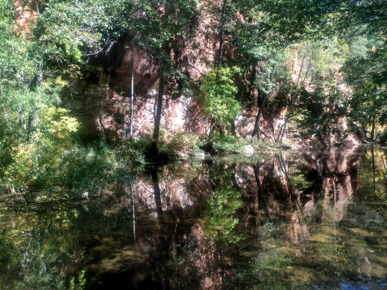 Quiet pool of water on creek at West Fork Hiking Area near Sedona, Arizona.