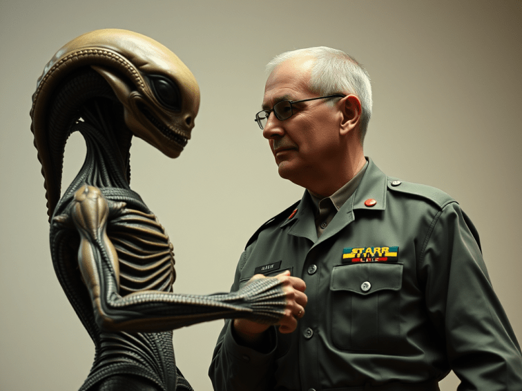 A reptiloid alien confers with a human Army General.
