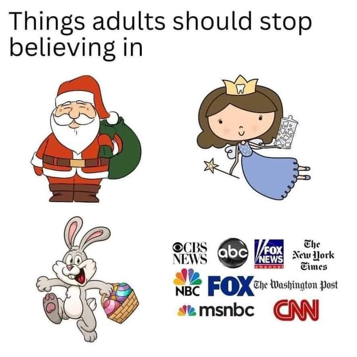 A meme that ridicules adults for believing in the mainstream media likening it to belief in Santa Claus, the Tooth Fairy and the Easter Bunny.