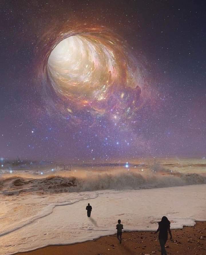 An image depicting a portal in the air shining the light of Source over a beach. 