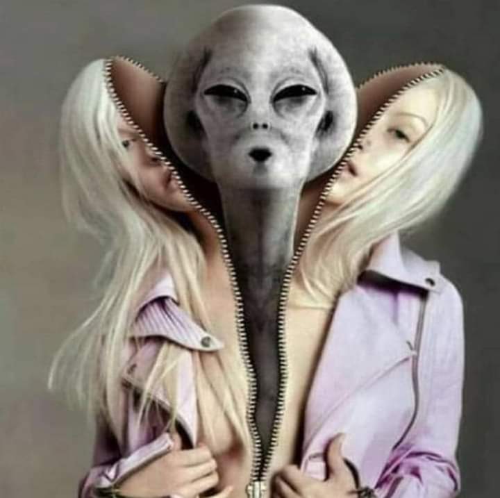 An image portraying an extraterrestrial inside a human suit. 