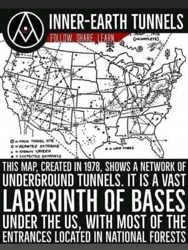 A map created in 1978 showing secret underground bases and tunnels for transit systems. 