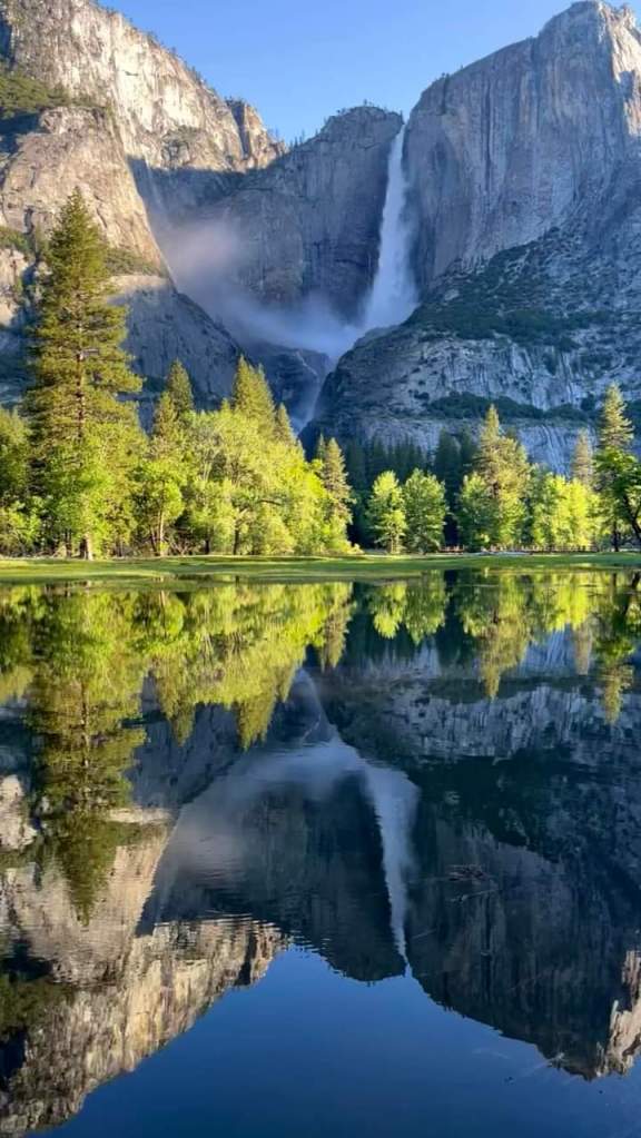 A majestic waterfall in Yosemite National Park USA.