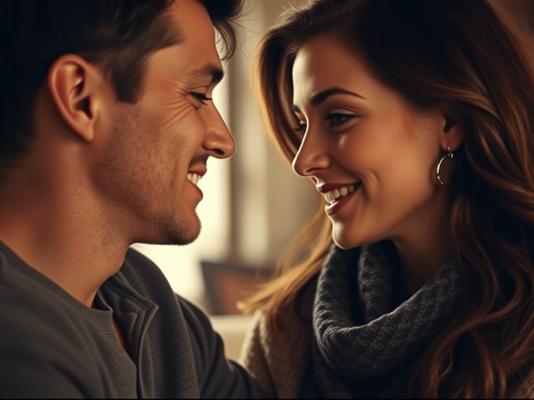 A young couple look at each other lovingly. 