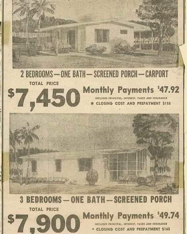 A 1960's Newspaper Ad that offers new houses for $7450-$7900.