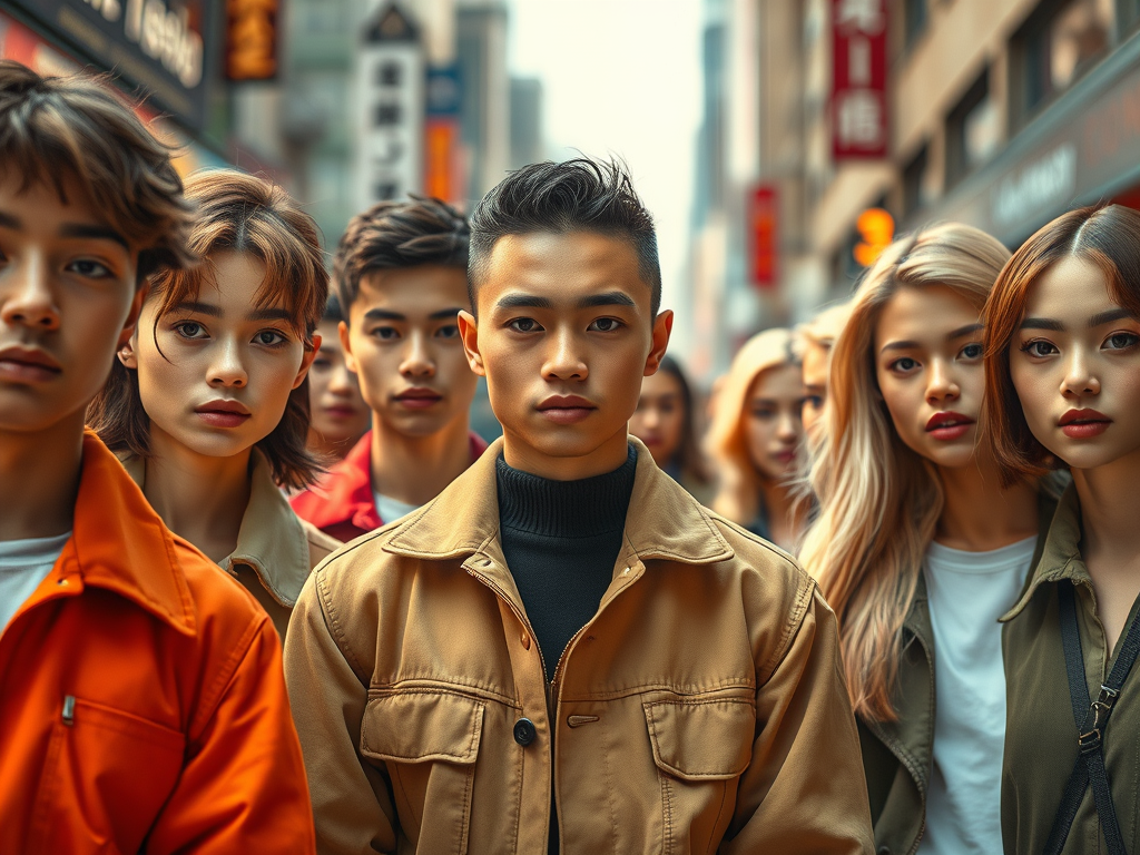 An image depicting a crowd of people with similar faces.