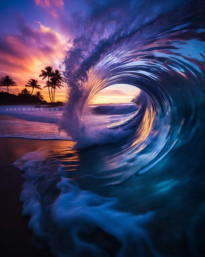 A translucent ocean wave curls before a tropical sunset. 