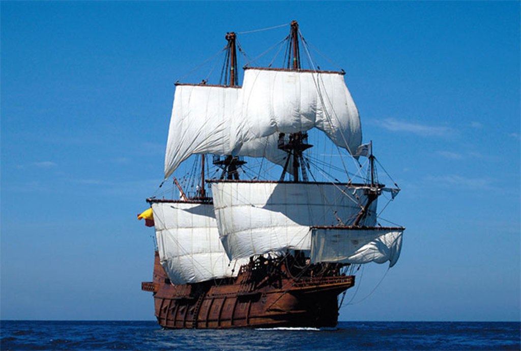 An image of a 15th Century sailing ship on the open ocean. 